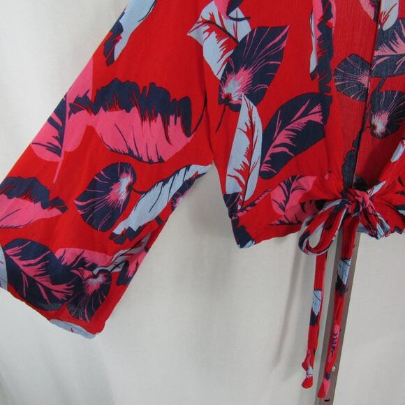 Express XS Tropical Floral Leaf Front Tie Crop Top with Flowy Sleeves Hawaiian - Picture 2 of 4